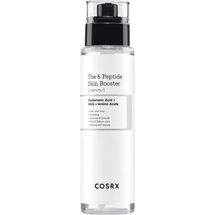 COSRX The 6 Peptide Skin Booster fuktighetsgivende serum i hvit flaske med sort pumpe som gir jevnere hudtone og fasthet