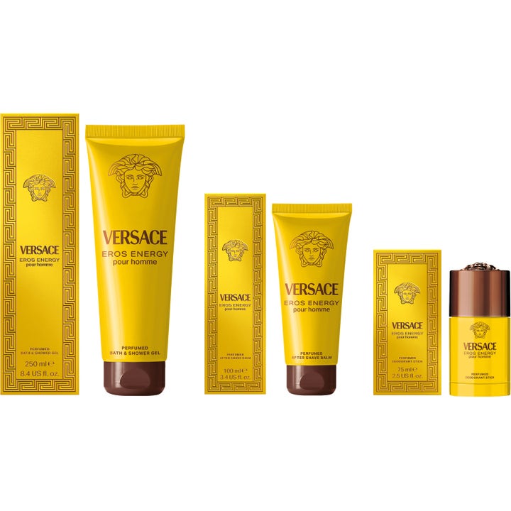 Versace Eros Energy After Shave Balm 100 ml beroligende aftershave i gul tube vist sammen med hele produktserien.