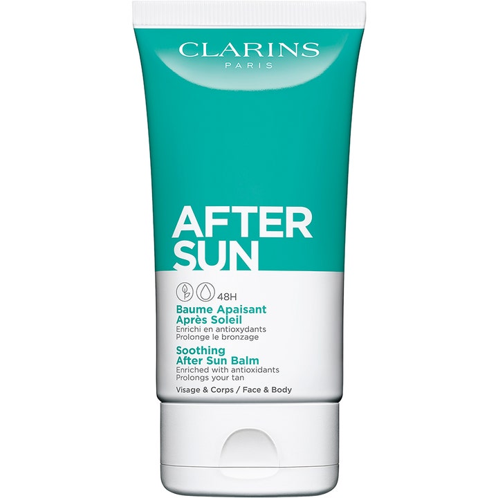 Clarins Soothing After Sun Balm beroligende aftersun som forlenger brunfargen i turkis og hvit tube med hvit kork