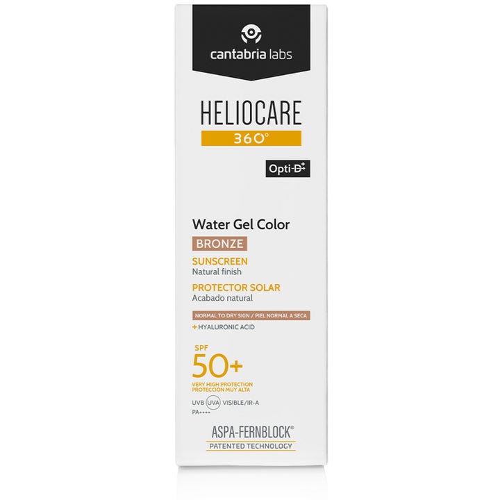 Heliocare Water Gel Color 50 ml solkrem i hvit eske med fargen Bronze som gir fuktighet og SPF 50 beskyttelse.