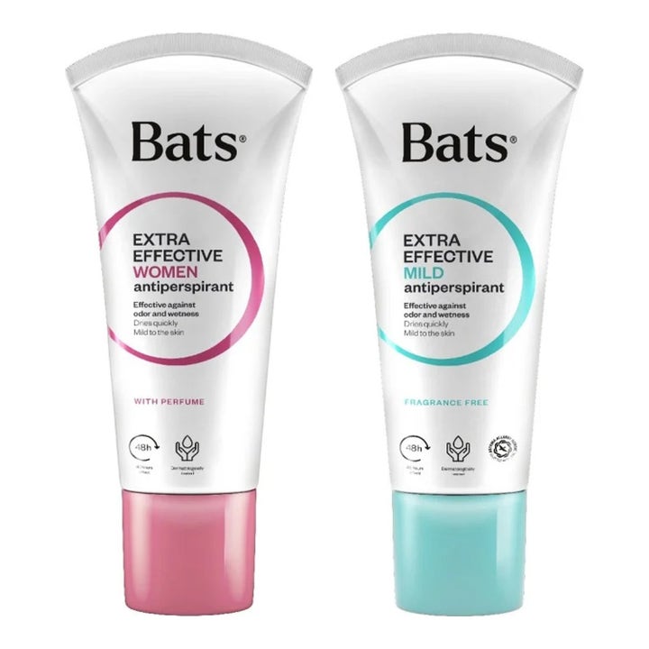 Bats Extra Effective Antiperspirant to kremer som gir beskyttelse mot svette i hvite tuber med røde og blå detaljer.