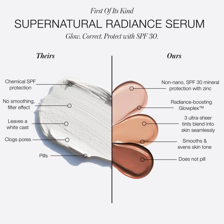 RMS Beauty SuperNatural Tinted Serum 30 ml viser teksturprøver av farget mineral-solkrem med SPF 30.
