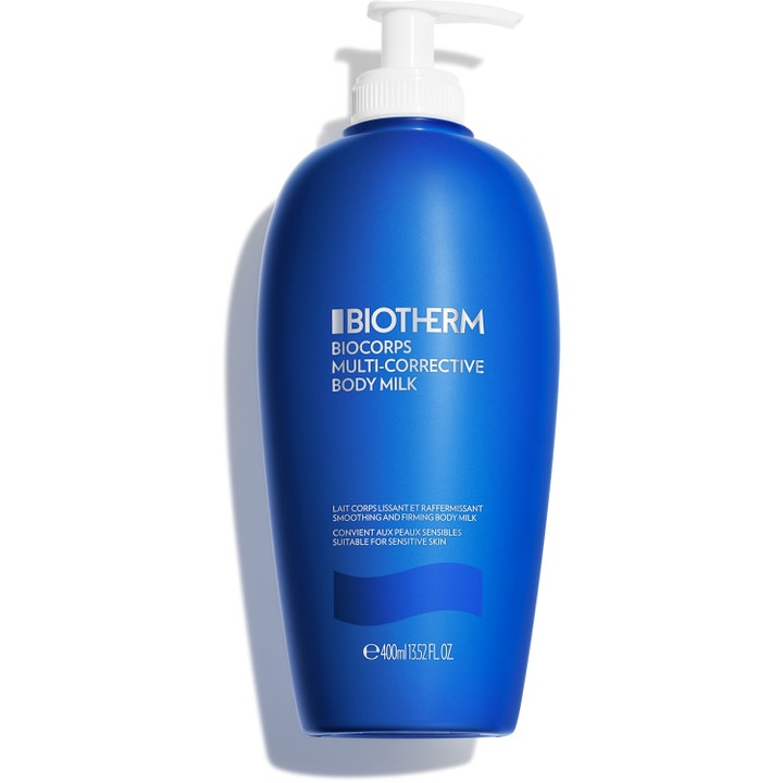 Biotherm Biocorps Multi-Corrective Body Milk 400ml oppstrammende kroppslotion i en dyp blå flaske med hvit pumpe.