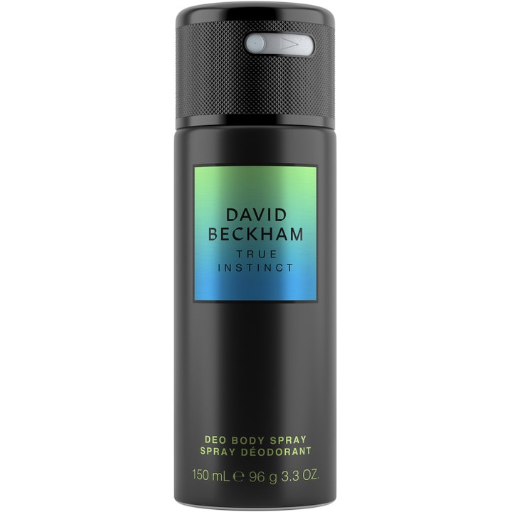 David Beckham True Instinct 150 ml deo body spray i svart flaske med strukturert kork og blågrønn etikett