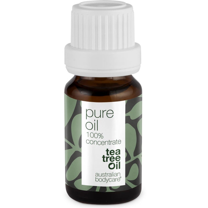 Australian Bodycare Tea Tree Oil 10 ml konsentrat mot hudirritasjon i brun glassflaske med hvit kork