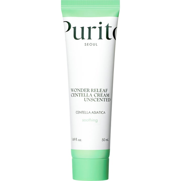 Purito Seoul Wonder Releaf Centella Cream 50 ml parfymefri ansiktskrem i hvit tube med lysegrønn kork og detaljer