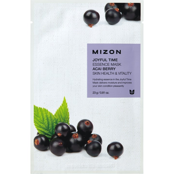 Mizon Joyful Time Essence Mask Acai Berry 23 g vitaliserende sheetmaske i hvit forpakning med lilla detaljer og mørke bær