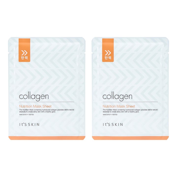It'S SKIN Collagen Nutrition Mask Sheet ansiktsmaske med kollagen for sunn glød i to hvite poser med oransje detaljer
