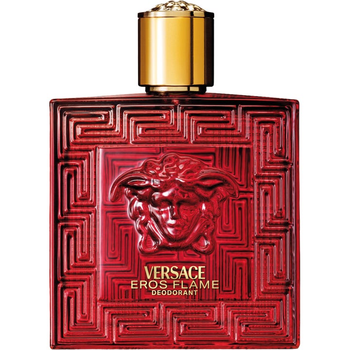 Versace Eros Flame 100 ml deodorant som gir friskhet i en rød glassflaske med gullkork og preget Medusa-hode
