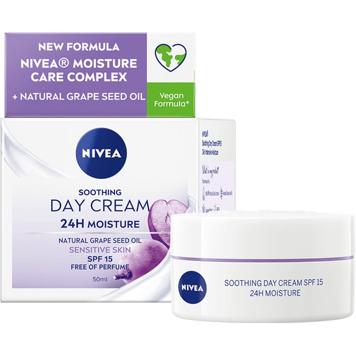 NIVEA Soothing Day Cream 50 ml beroligende ansiktskrem i hvit krukke med lilla detaljer og eske
