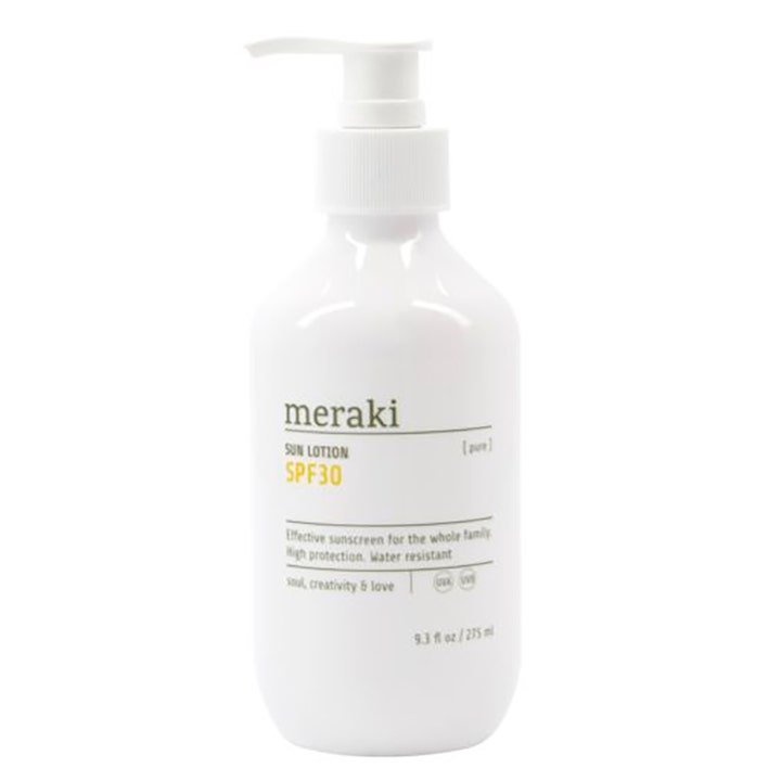 Meraki Sun Lotion SPF30 275 ml solkrem som gir høy beskyttelse i hvit pumpeflaske med minimalistisk design