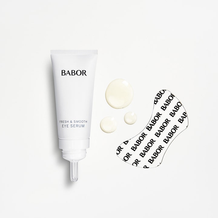 Babor Instant Fresh & Smooth Eye Serum 30 ml oppfriskende øyeserum i hvit tube med klare dråper og øyepatch