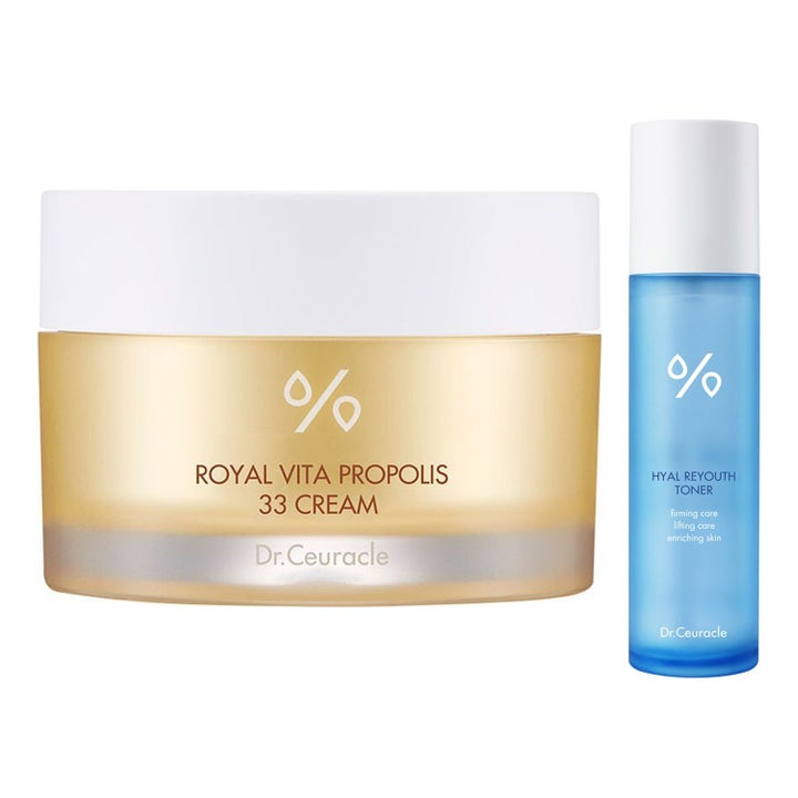 Dr. Ceuracle Royal Vita Propolis 33 Cream og Hyal Reyouth Toner glødgivende hudpleie i gullkrukke og blå flaske