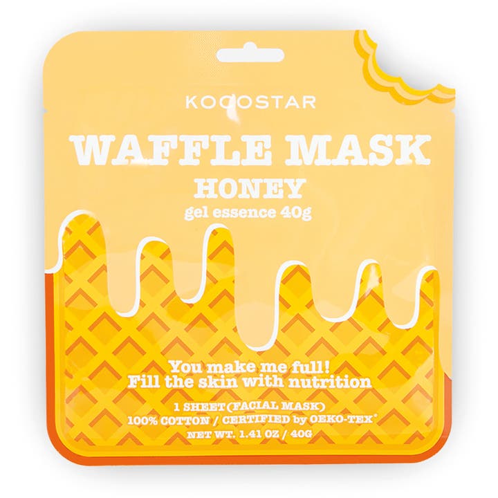 Kocostar Waffle Mask Honey 40g næringsgivende ansiktsmaske i gul vaffelinspirert pose med illustrasjon av honning
