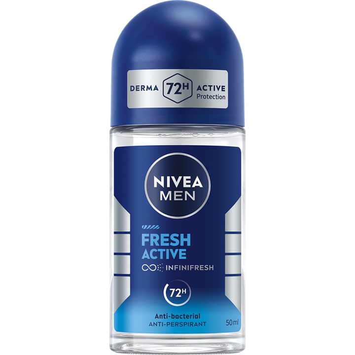 Nivea Men Fresh Active 50ml anti-perspirant roll-on gir 72 timers beskyttelse i en klar glassflaske med blått lokk