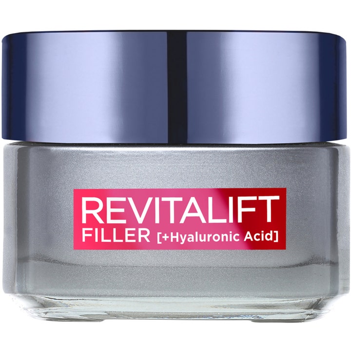 L'Oréal Paris Revitalift Filler 50 ml utfyllende ansiktskrem med hyaluronsyre i sølvfarget glasskrukke med blått lokk