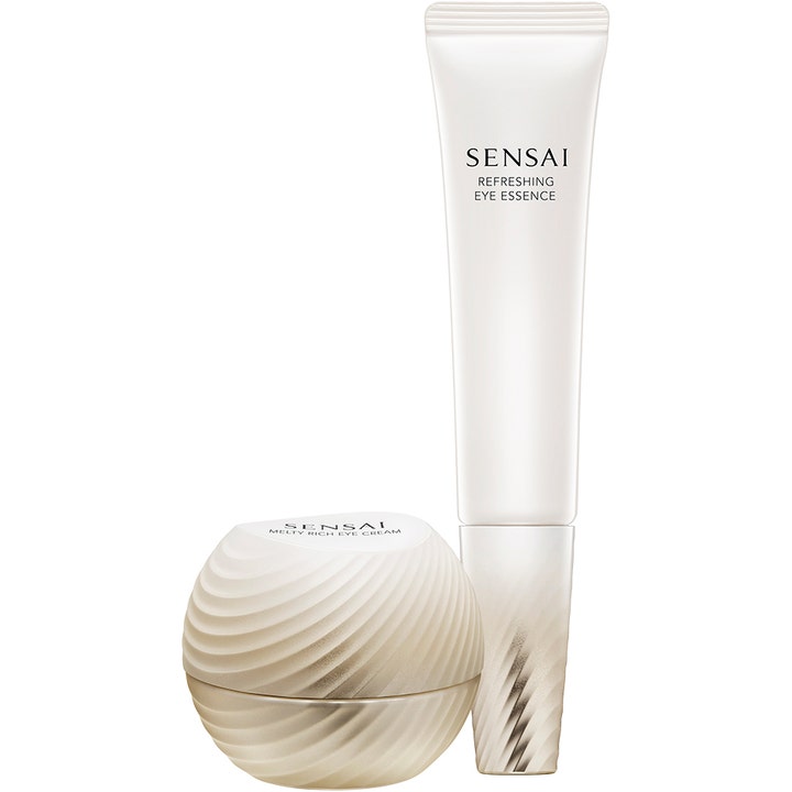 Sensai Refreshing Eye Essence og Melty Rich Eye Cream øyepleiesett i hvit tube og perlemorskimrende krukke