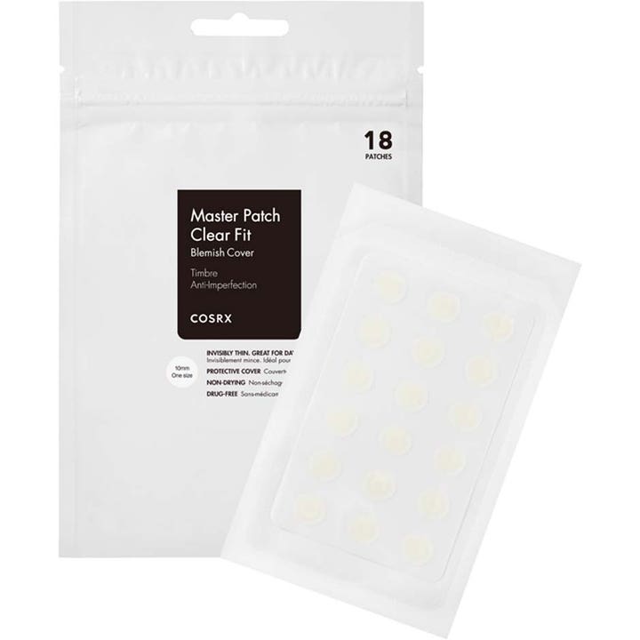 COSRX Master Patch Clear Fit 18 stk kviseplaster i hvit emballasje med synlige gjennomsiktige patches