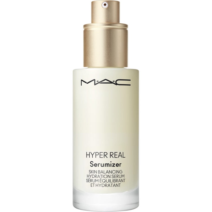 MAC Cosmetics Hyper Real Serumizer 30 ml fuktserum i hvit glassflaske med gullpumpe som gir sunn glød.