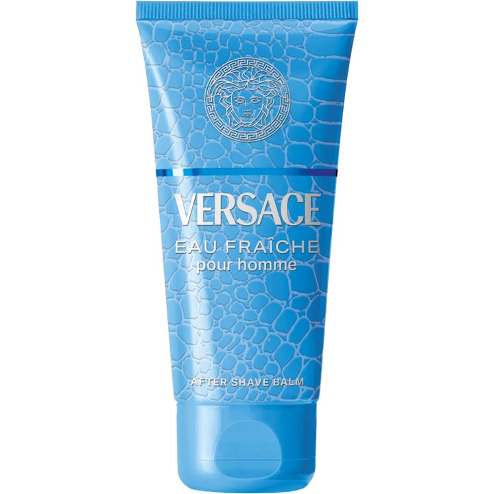 Versace Man Eau Fraîche After Shave Balm beroligende etterbarberingskrem i lyseblå tube med teksturert reptilmønster