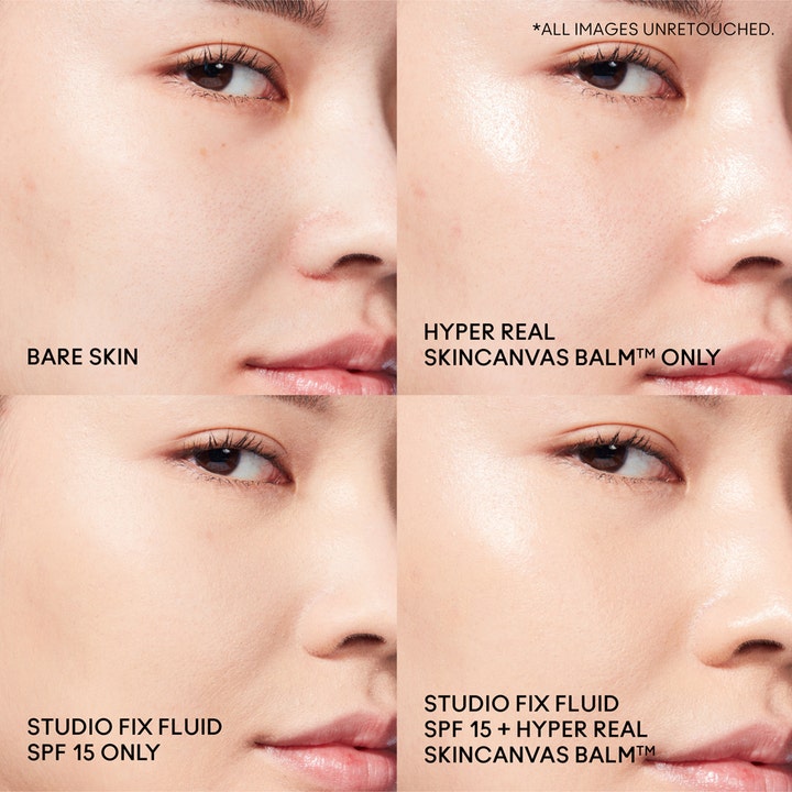 MAC Cosmetics Hyper Real Skincanvas Balm 50 ml fuktighetskrem vist i fire paneler for glødende resultat.