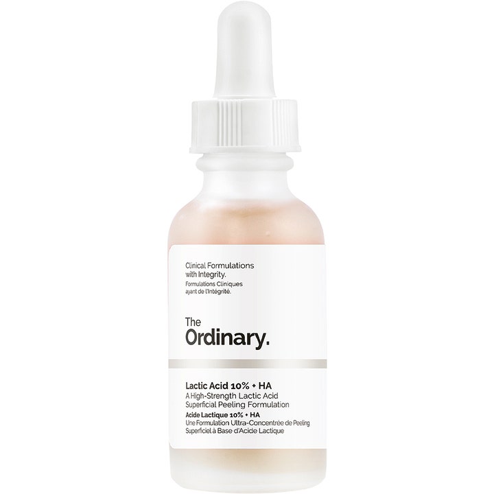 The Ordinary Lactic Acid 10% + HA 30 ml eksfolierende serum i frostet glassflaske med hvit pipette