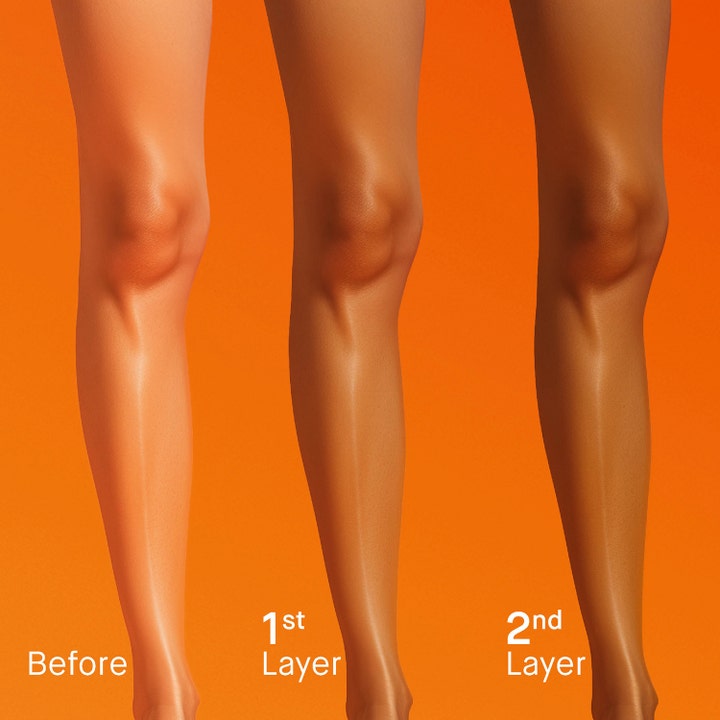 EVY Technology Selftan Face and Body Mousse 150 ml viser før og etter resultat på ben i to lag på oransje bakgrunn.