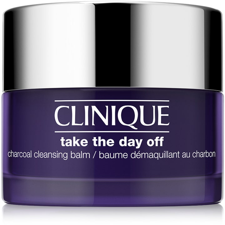 Clinique Take The Day Off Charcoal Cleansing Balm dyprensende ansiktsrens i mørk lilla krukke med blankt sølvlokk