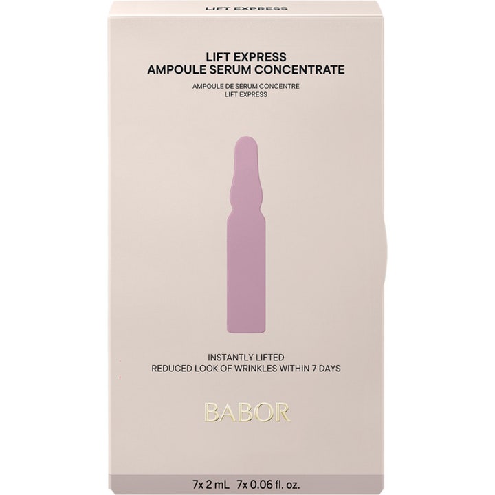Babor Ampoule Lift Express 14 ml oppstrammende ansiktsserum i lys beige eske med lilla ampulle-illustrasjon