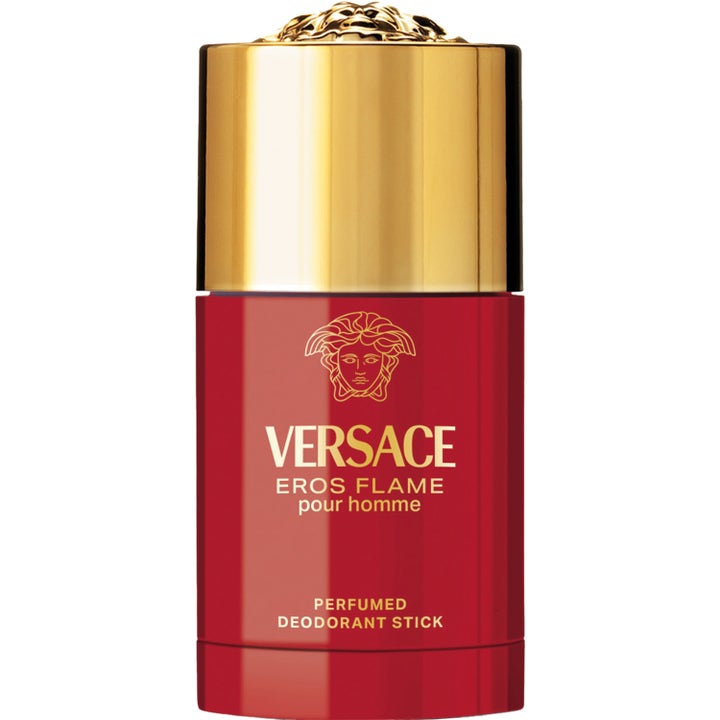 Versace Eros Flame 75 ml deodorant stick gir en frisk duft i rød beholder med gulllokk og ikonisk Medusa-logo