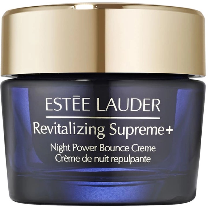 Estée Lauder Revitalizing Supreme+ Night Power Bounce Creme nattkrem som gir spenst i mørkeblå glasskrukke med gulllokk.