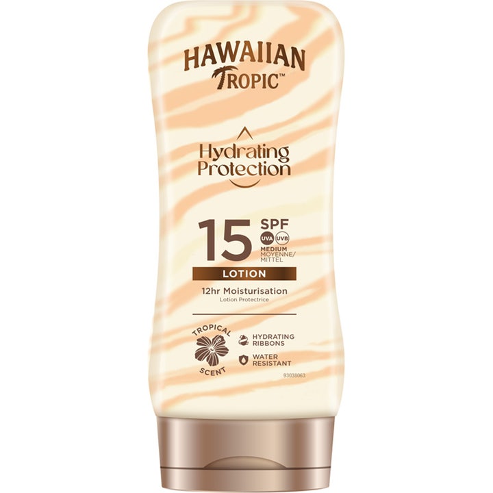 Hawaiian Tropic Hydrating Protection SPF 15 fuktighetsgivende solkrem i flaske med ferskenfargede striper og bronsekork