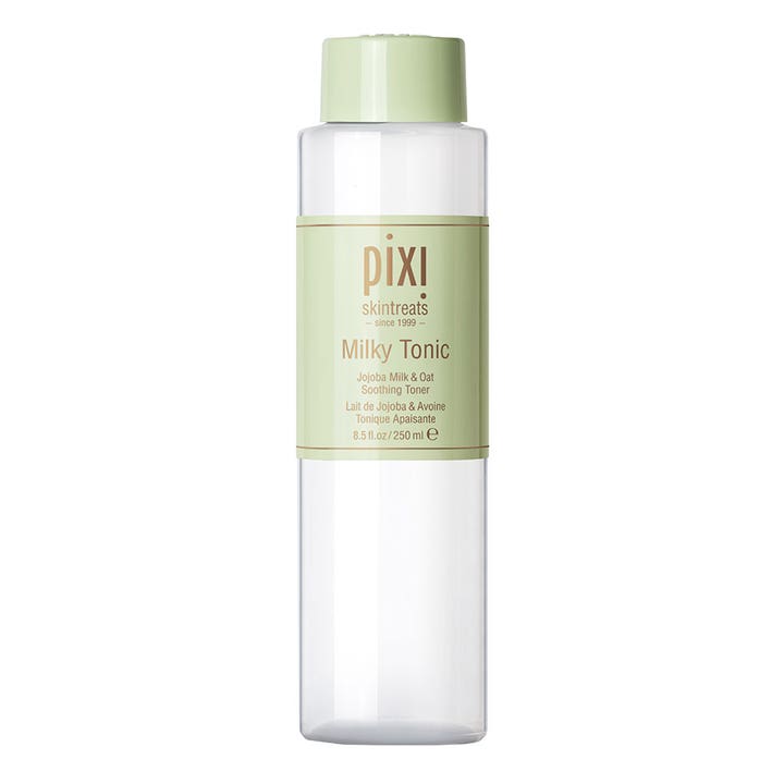 Pixi Milky Tonic 250 ml beroligende toner med jojobamelk i en klar plastflaske med lysegrønn etikett og kork