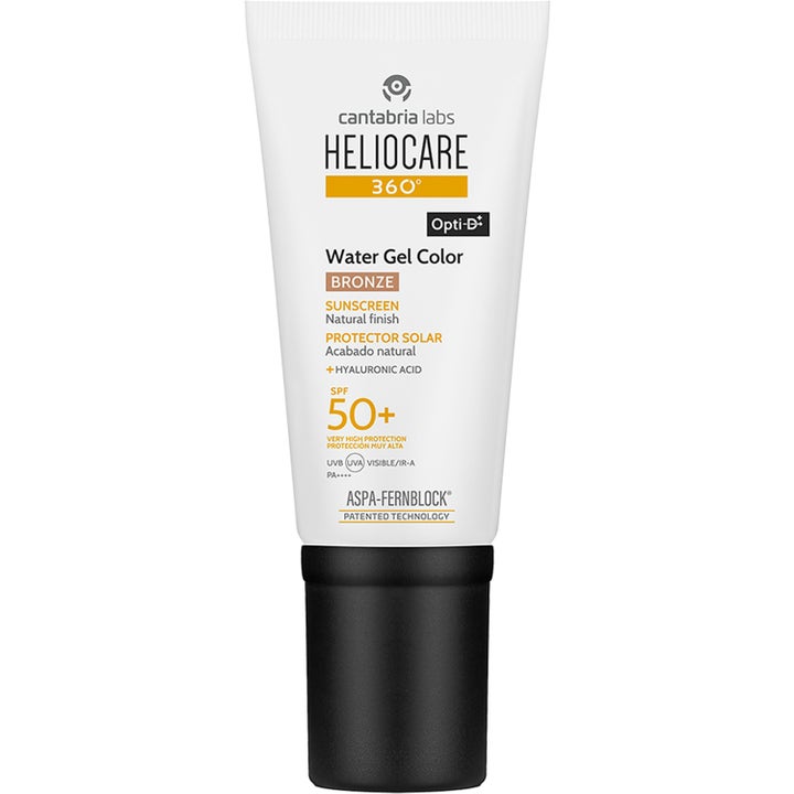 Heliocare 360 Water Gel Color Bronze farget solkrem SPF 50 i hvit tube med sort kork som gir huden fuktighet.