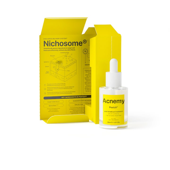 Niche Beauty Lab Acnemy Postzit 30 ml spot treatment mot kvisearr i glassflaske med hvit pipette og gul eske