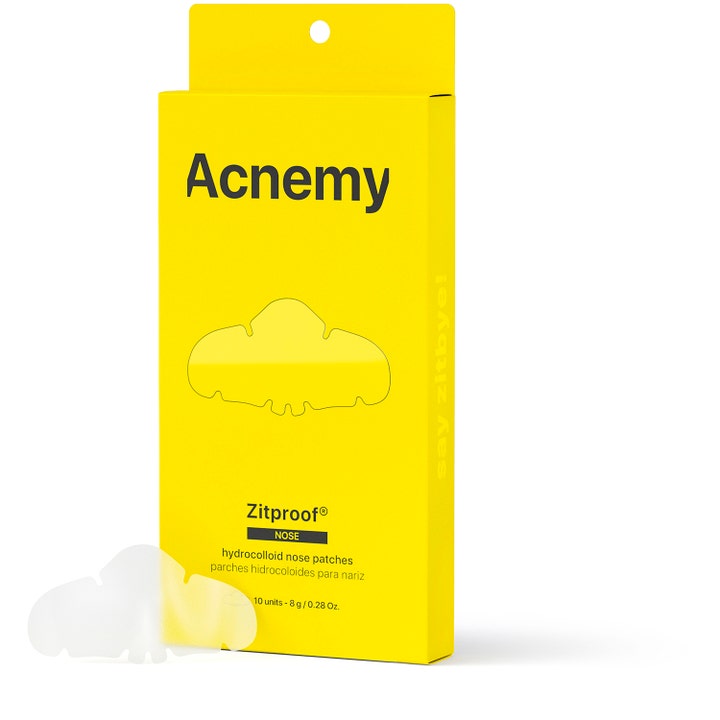 Acnemy Zitproof Nose 10 stk hydrokolloid neseplaster mot kviser i gul eske med et gjennomsiktig plaster foran