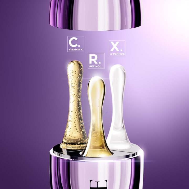 Lancôme Rénergie C.R.x Triple Serum 50 ml antialdringsserum viser tre unike teksturer av vitamin C, retinol og peptider.