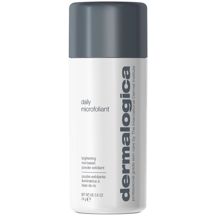 Dermalogica Daily Microfoliant 74g risbasert eksfolierende pulver i hvit sylindrisk beholder med grått lokk.