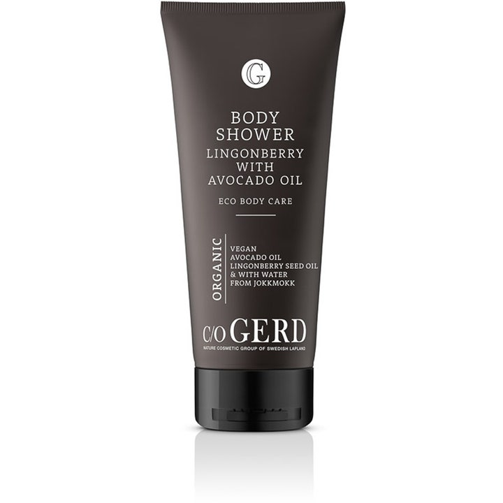 c/o Gerd Body Shower Lingonberry pleiende dusjsåpe med avokadoolje i en mørkebrun tube med sort kork