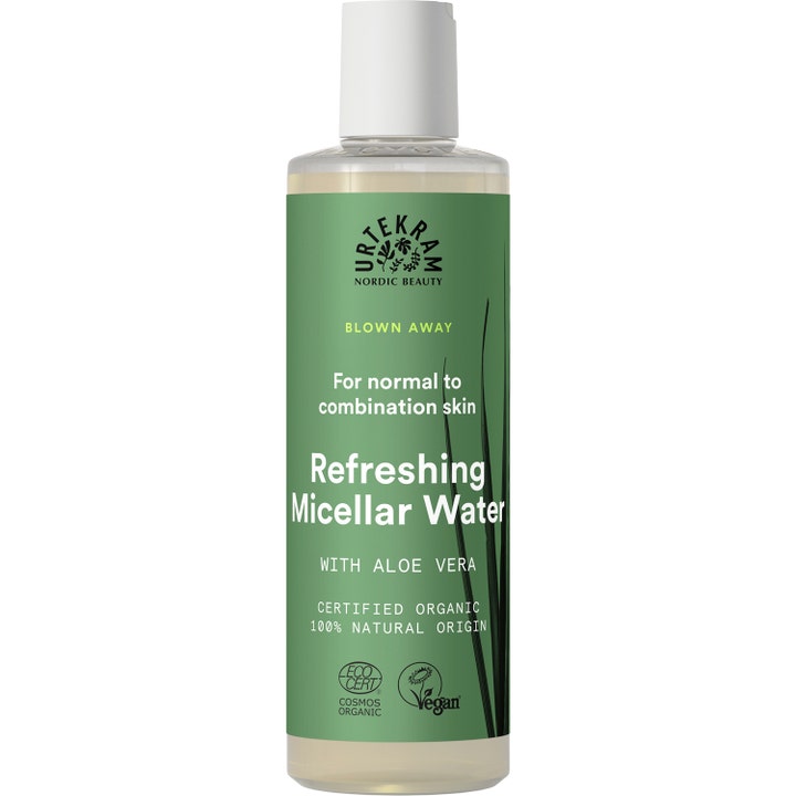 Urtekram Blown Away Micellar Water 250 ml oppfriskende ansiktsrens med aloe vera i klar plastflaske med grønn etikett.