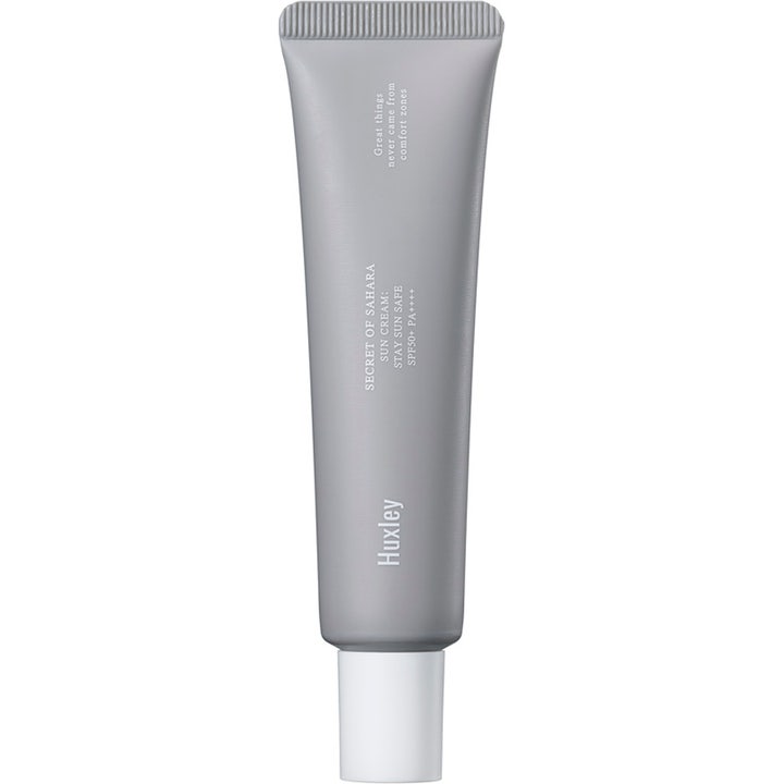 Huxley Secret of Sahara Sun Cream 50ml solkrem med SPF50+ i en minimalistisk grå tube med hvit kork
