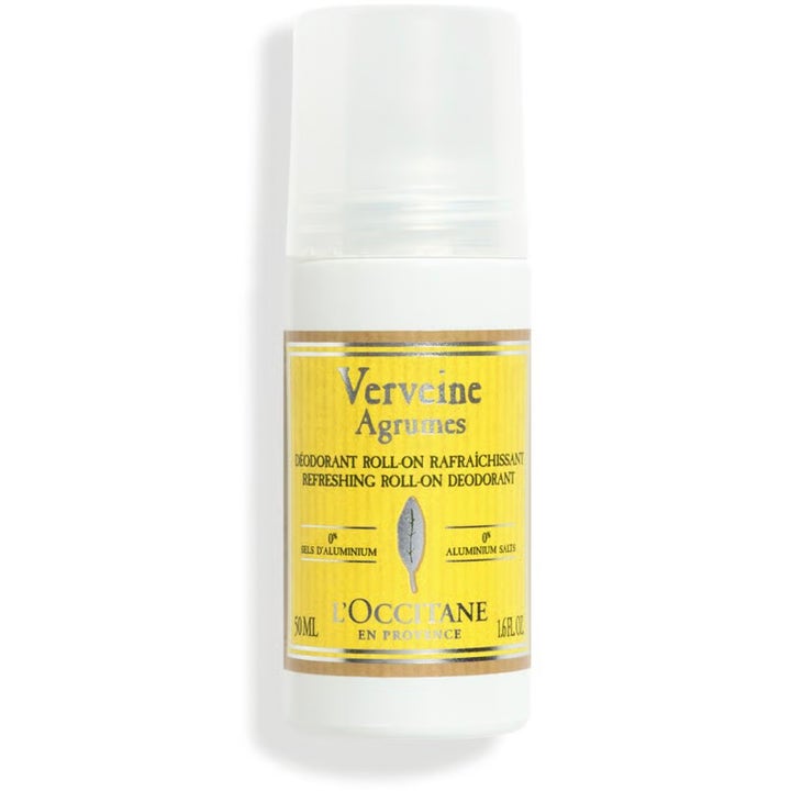 L'Occitane Verveine Agrumes 50ml oppfriskende deodorant roll-on i hvit flaske med gul etikett og frostet kork