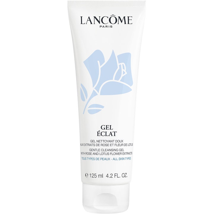 Lancôme Gel Éclat 125 ml skånsom rensegelé i hvit tube med lyseblå rose som gir huden naturlig glød