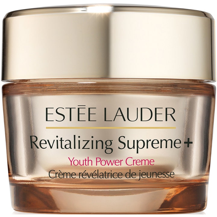 Estée Lauder Revitalizing Supreme+ Youth Power Creme oppstrammende ansiktskrem i en elegant gullfarget glasskrukke.