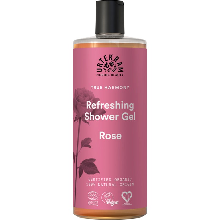 Urtekram Refreshing Shower Gel Rose oppfriskende dusjsåpe i klar plastflaske med rosa etikett og roseillustrasjon