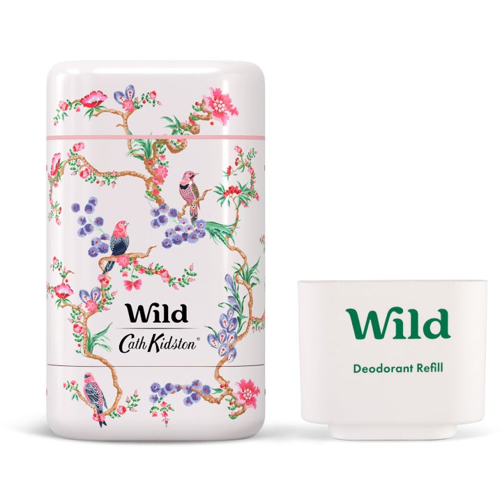 Wild Deo stick Birds Berries 40 g deodorant med Cath Kidston mønster og hvit refillbeholder.