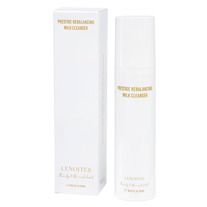 Lenoites Prestige Rebalancing Milk Cleanser 200 ml balanserer huden i hvit flaske og eske med stilren gulltekst.