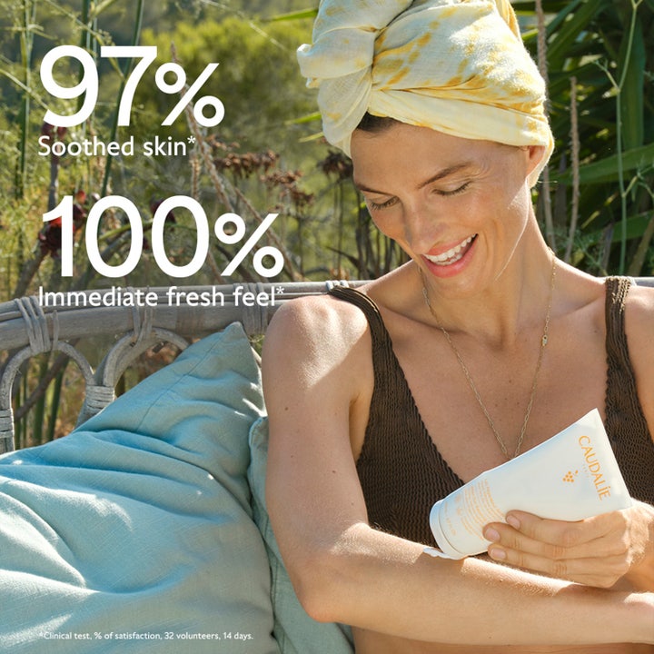 Caudalie Vinosun After-Sun Repairing Lotion 200 ml beroligende krem kvinne påfører after-sun 97% soothed skin.