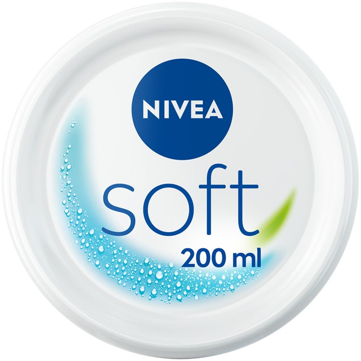 Nivea Soft 200 ml fuktighetskrem som gir myk hud vist som et hvitt lokk med blå tekst og vanndråpedesign