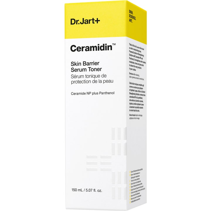 Dr.Jart+ Ceramidin Skin Barrier Serum Toner 150 ml ansiktsvann i hvit og gul eske med Ceramider